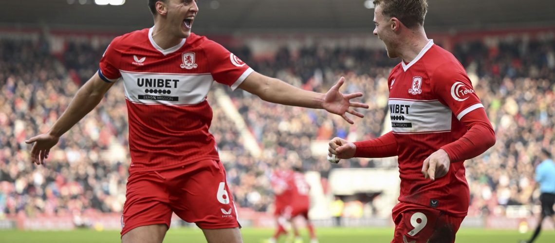 Tommy Conway of Middlesbrough celebrates scoring his team's fourth goal in the Sky Bet Championship match between Middlesbrough and Preston North End at the Riverside Stadium in January 2026
