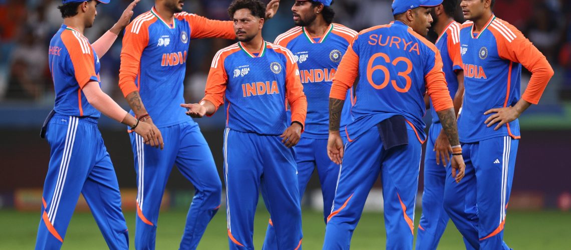 Kuldeep Yadav of India celebrates with team mates after dismissing Muhammad Waseem of UAE during the Asia Cup match between India and United Arab Emirates at Dubai International Stadium on September 10, 2025 in Dubai, United Arab Emirates.