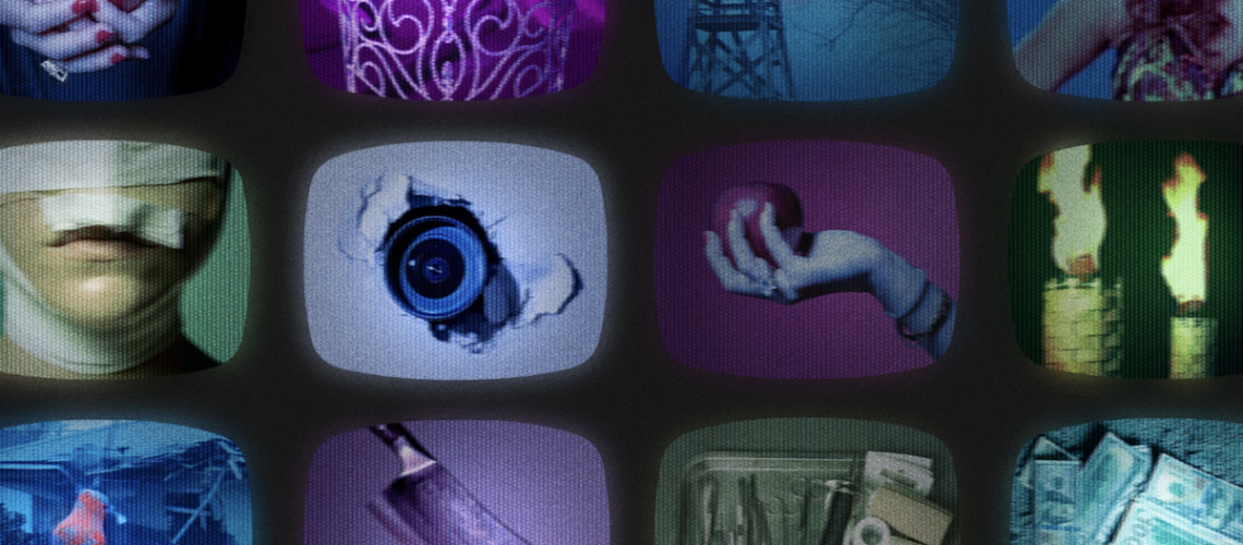 A composite image showing a camera lens, cleaver, surgical kit, cash and apples in a grid of TV screens for The Dark Side of Reality TV