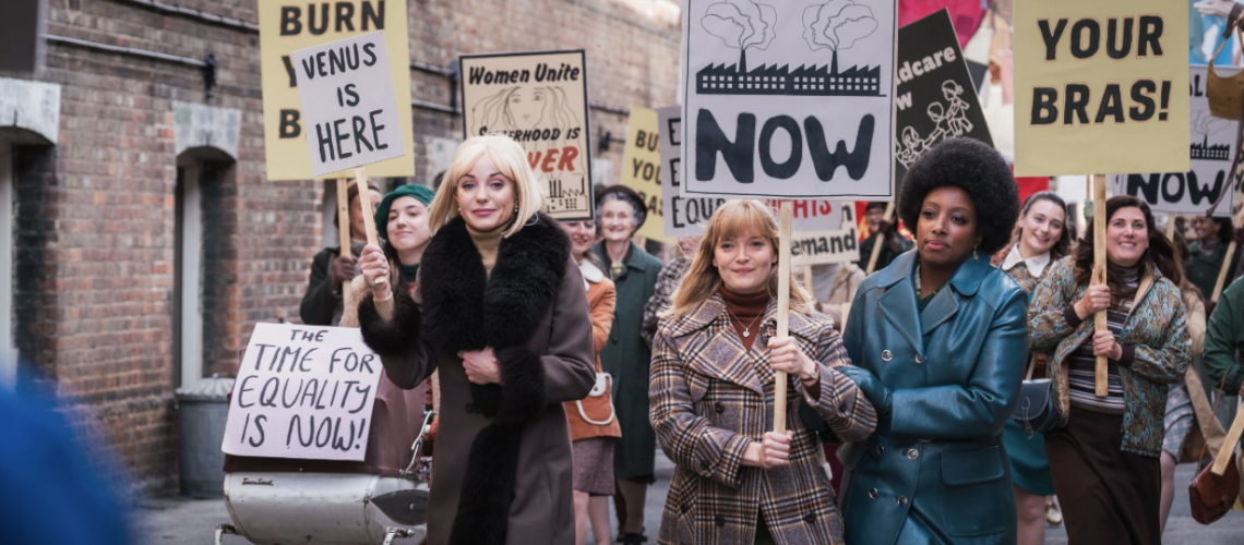 Nurses Trixie Aylward (played by Helen George), Rosalind Clifford (Natalie Quarry) and Joyce Highland (Renee Bailey) lead the march for women's rights in "Call the Midwife" season 15