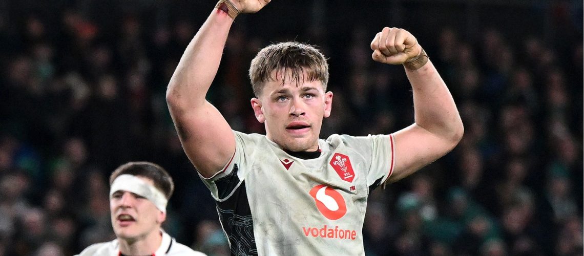 DUBLIN, IRELAND - MARCH 06: Alex Mann of Wales celebrates after teammate James Botham (not pictured) scores his team's second try during the Guinness Six Nations 2026 match between Ireland and Wales at Aviva Stadium on March 06, 2026 in Dublin, Ireland. (Photo by Charles McQuillan/Getty Images)