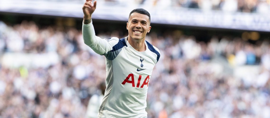 Pedro Porro of Tottenham Hotspur celebrates after scoring the opening goal during the Premier League match between Tottenham Hotspur and Brighton &amp; Hove Albion on April 18, 2026