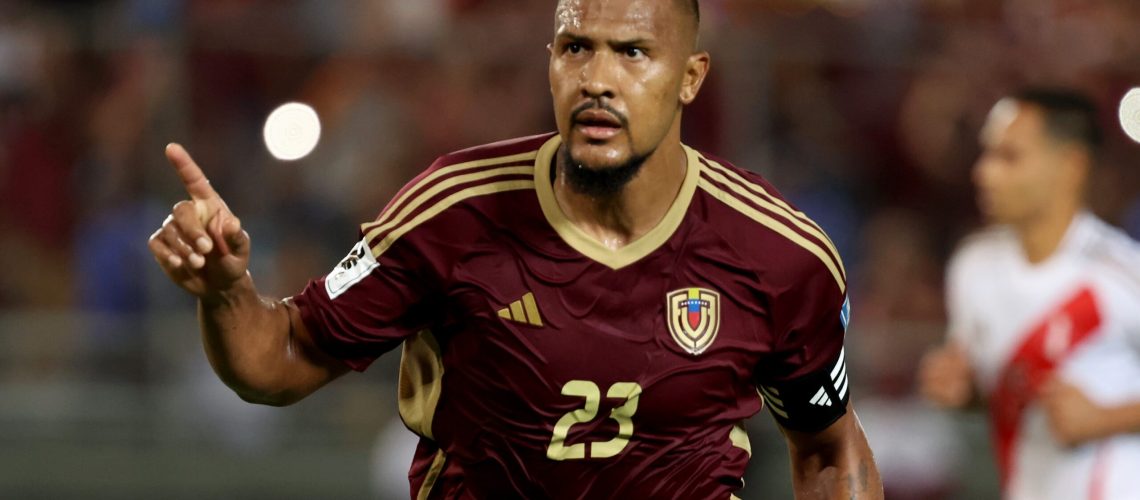 Salomon Rondon of Venezuela celebrates scoring his team's first goal during the South of American FIFA World Cup 2026 Qualifier between Venezuela and Peru at Estadio Monumental de Monagas on March 25, 2025 in Maturin, Venezuela.