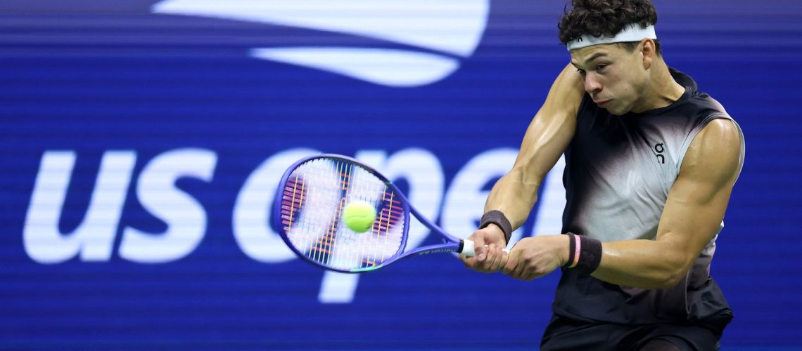 Ben Shelton of the United States returns a shot during the 2026 US Open at USTA Billie Jean King National Tennis Center.