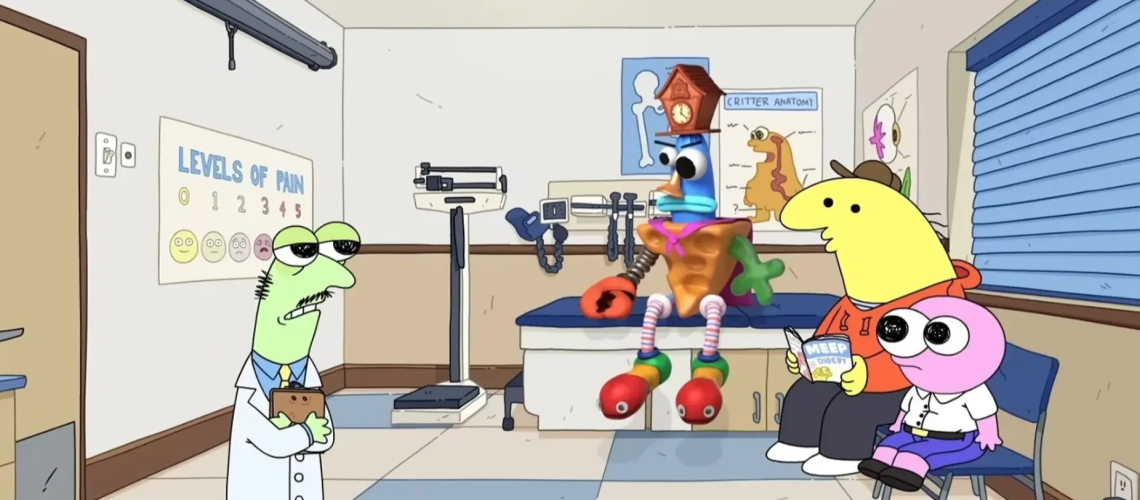 Silly Samuel is taken to see the doctor by Charlie and Pim in "Smiling Friends" season 3