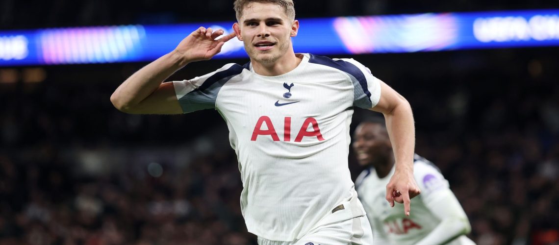 Tottenham's Micky van de Ven celebrates scoring against FC Copenhagen in the Champions League