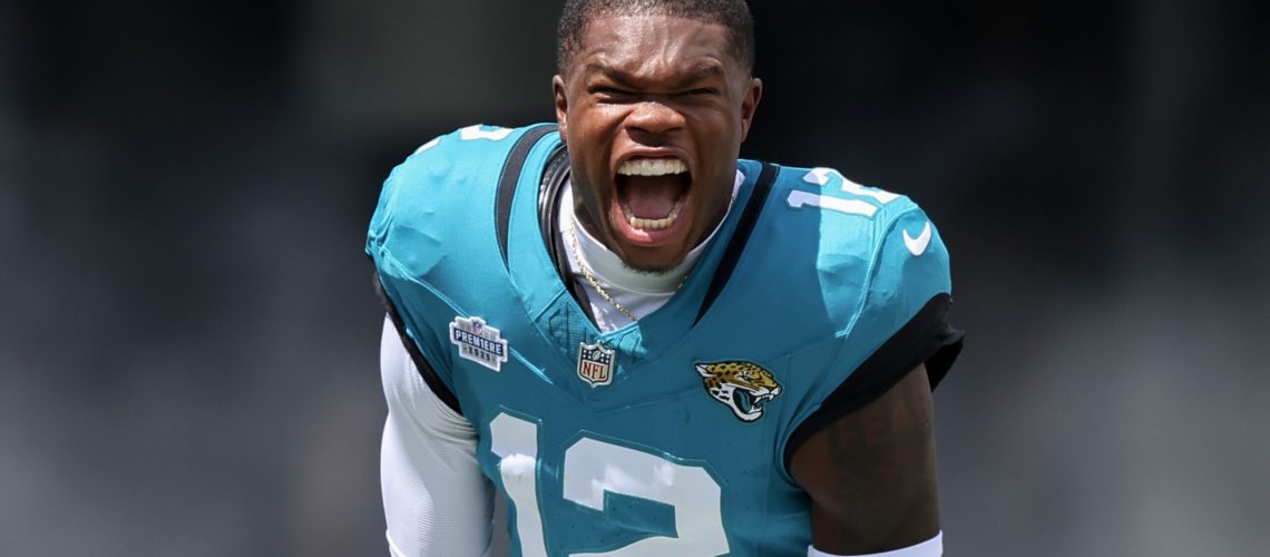 Travis Hunter #12 of the Jacksonville Jaguars reacts as he takes the field prior to a game against the Carolina Panthers during the game at EverBank Stadium on September 07, 2025 in Jacksonville, Florida.