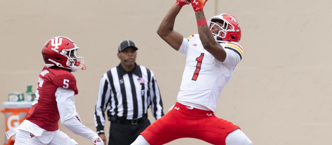 Kaden Prather #1 of the Maryland Terrapins catches a pass for a touchdown during the first half against D'Angelo Ponds #5 of the Indiana Hoosiers at Memorial Stadium on September 28, 2024 in Bloomington, Indiana.