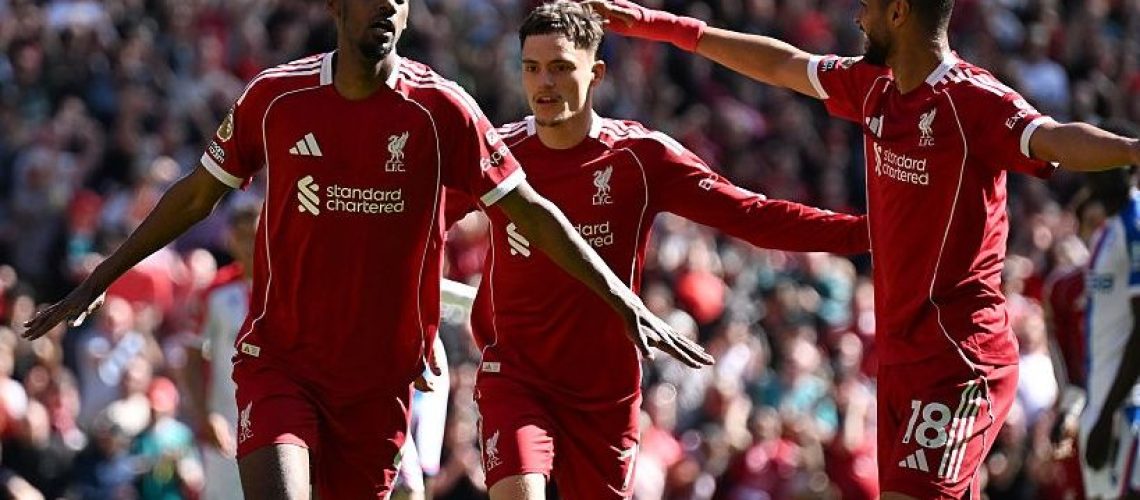 Alexander Isak of Liverpool celebrates scoring his team's first goal during the Premier League match between Liverpool and Crystal Palace at Anfield on April 25, 2026.