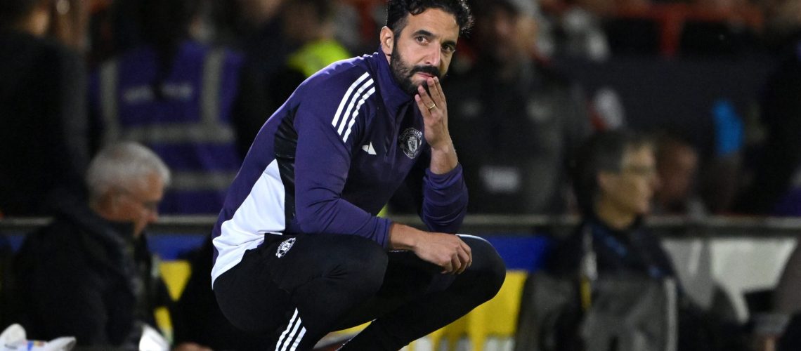 Ruben Amorim, Manager of Manchester United, looks dejected after his team concede during the Carabao Cup Second Round match between Grimsby Town and Manchester United at Blundell Park on August 27, 2025 in Grimsby, England.