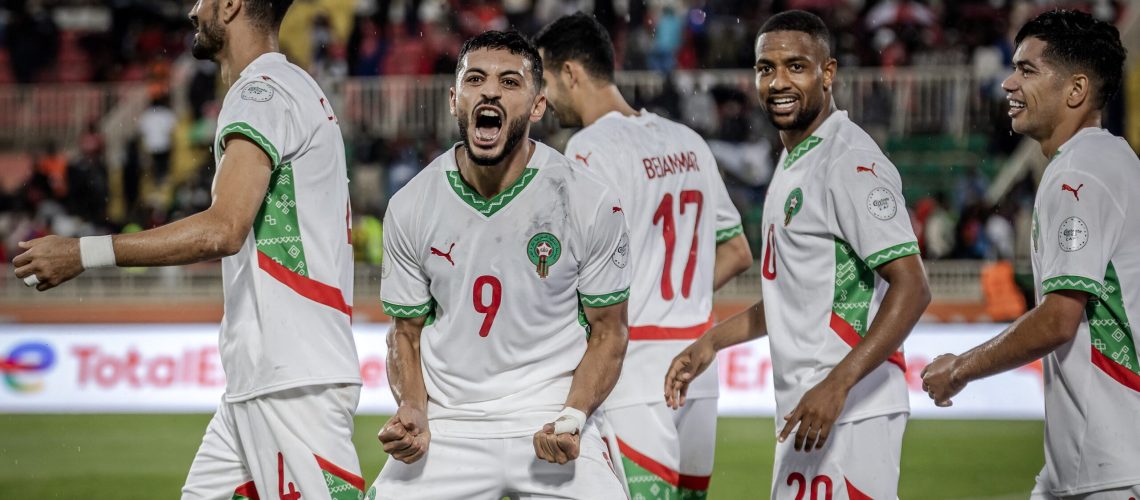 Oussama Lamlioui (2nd L) celebrates after scoring a goal during the African Nations Championship (CHAN) group stage football match between Democratic Republic of Congo and Morocco at Nyayo Stadium in Nairobi, on August 17, 2025.