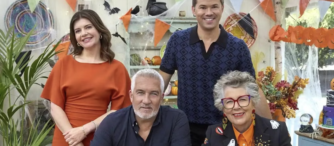 The Great American Baking Show: Celebrity Halloween judges Prue Leith and Paul Hollywood and hosts Casey Wilson and Andrew Rannells