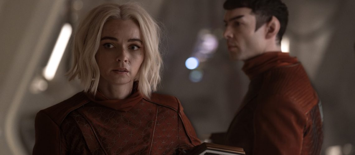 Jess Bush as Chapel and Ethan Peck as Spock in Star Trek: Strange New Worlds