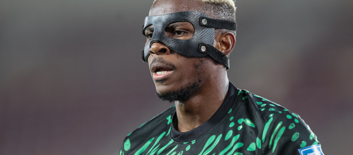 Nigeria's forward #9 Victor Osimhen reacts during the FIFA World Cup 2026 Africa qualifiers group C match between Lesotho and Nigeria at the Peter Mokaba Stadium in Polokwane on October 10, 2025.