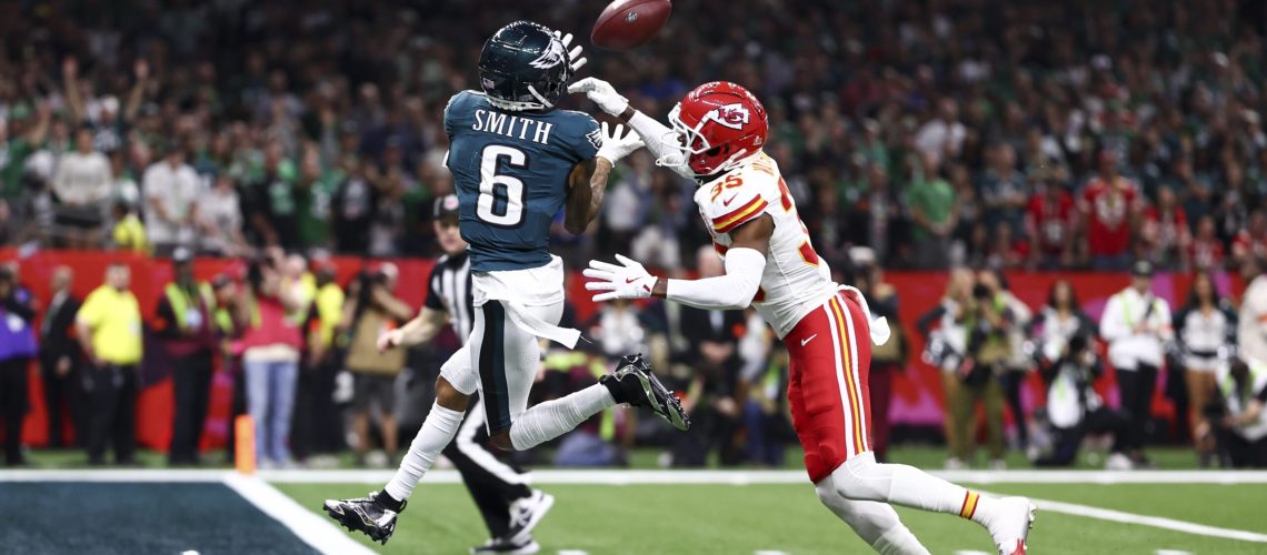 DeVonta Smith #6 of the Philadelphia Eagles catches a touchdown pass against Jaylen Watson #35 of the Kansas City Chiefs in the second half during Super Bowl LIX at Caesars Superdome on February 9, 2025 in New Orleans, Louisiana.