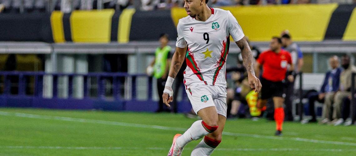 Suriname forward Richonell Margaret (9) dribbles the ball during the Concacaf Gold Cup Group stage match between the Dominican Republic and Suriname on June 22, 2025 at AT&amp;T Stadium in Arlington, Texas.