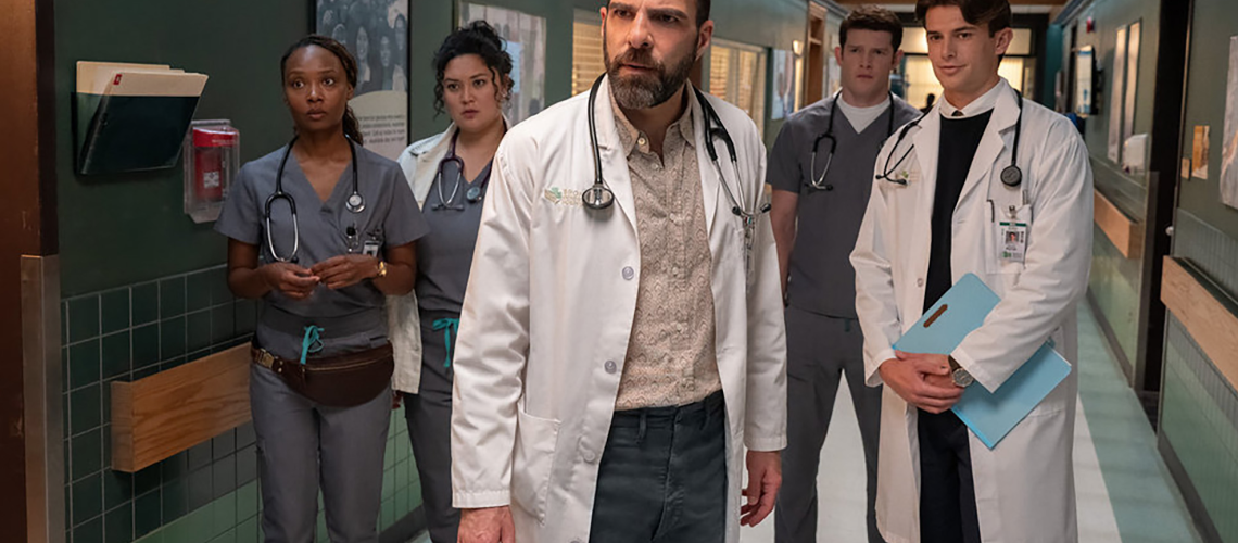 [From let to right]: Dr. Ericka Kinney (played by Asleigh LaThrop), Dr Dana Dang (Aury Krebs), Dr Oliver Wolf (Zachary Quinto), Dr Van Markus (Alex MacNicoll), and Dr Charlie Porter (Brian Altemus) will se you now in "Brilliant Minds" season 2