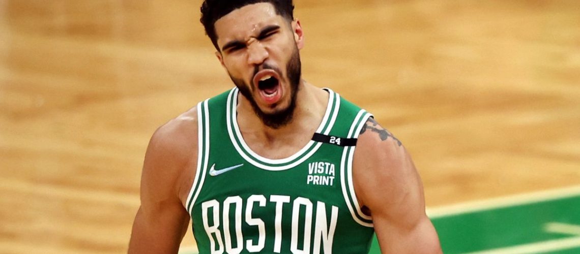 Jayson Tatum #0 of the Boston Celtics celebrates ahead of the 2024 NBA Play-offs
