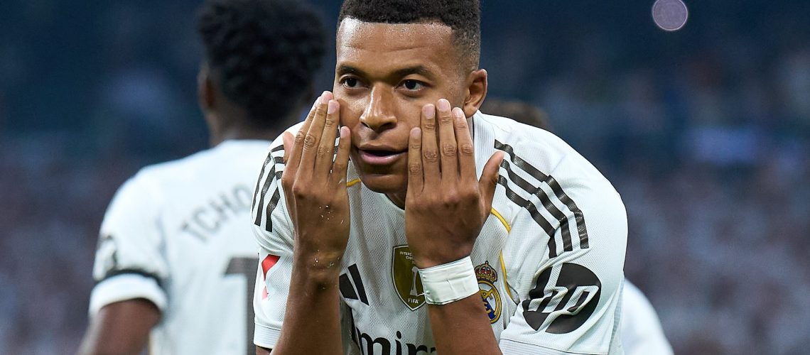 Kylian Mbappé of Real Madrid celebrates scoring his team's first goal during the LaLiga EA Sports match between Real Madrid CF and CA Osasuna at Estadio Santiago Bernabeu on August 19, 2025 in Madrid, Spain.