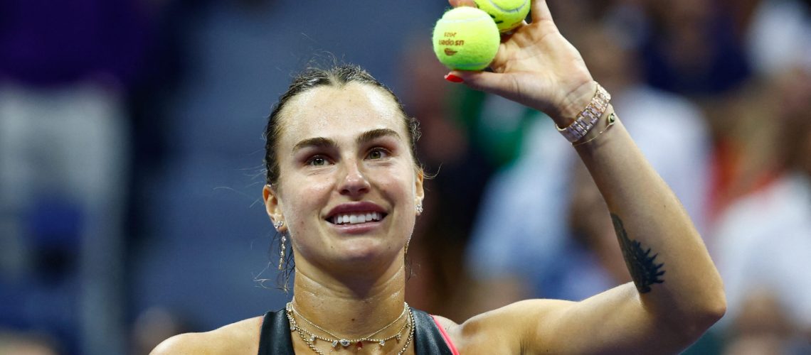 Belarus's Aryna Sabalenka celebrates defeating USA's Jessica Pegula in their women's singles semifinal tennis match on day twelve of the US Open tennis tournament at the USTA Billie Jean King National Tennis Center in New York City on September 4, 2025. (Photo by Kena Betancur / AFP) (Photo by KENA BETANCUR/AFP via Getty Images)