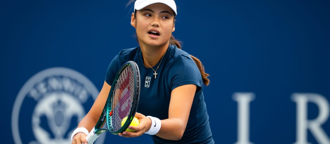 Emma Raducanu of Great Britain in action against Peyton Stearns of the United States in the second round of the National Bank Open at Stade IGA on July 30, 2025 in Montreal, Quebec