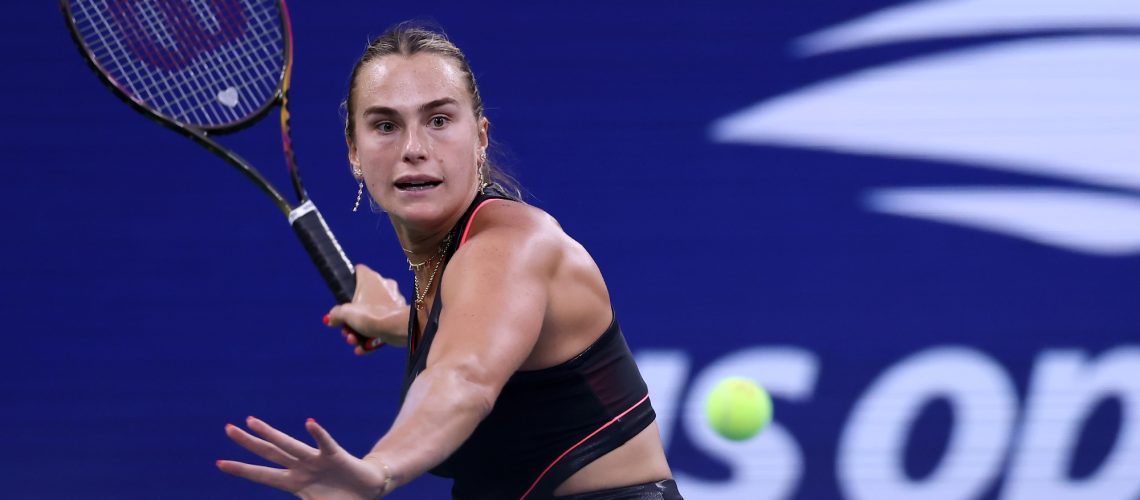 Aryna Sabalenka returns a shot against Leylah Fernandez of Canada during their Women's Singles Third Round match on Day Six of the 2025 US Open at USTA Billie Jean King National Tennis Center on August 29, 2025 in the Flushing neighborhood of the Queens borough of New York City.