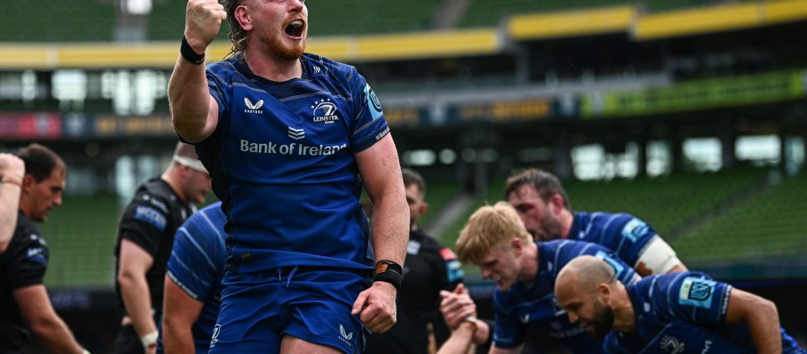 Joe McCarthy of Leinster celebrates his side's fourth try, scored by Dan Sheehan, during the United Rugby Championship semi-final match between Leinster and Glasgow Warriors