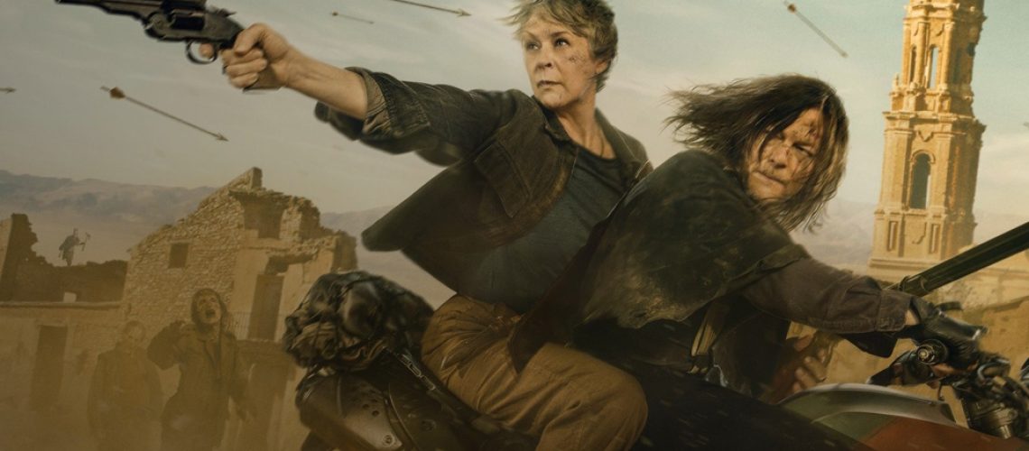 Daryl Dixon (Norman Reedus) riding a motorcycle while Carol Peletier (Melissa McBride) aims a gun at the back in a promotional image for "The Walking Dead: Daryl Dixon" season 3