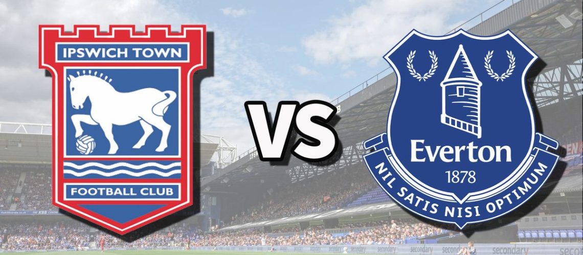 The Ipswich Town and Everton club badges on top of a photo of Portman Road in Ipswich, England