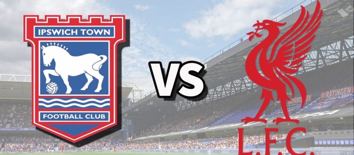 The Ipswich Town and Liverpool club badges on top of a photo of Portman Road in Ipswich, England