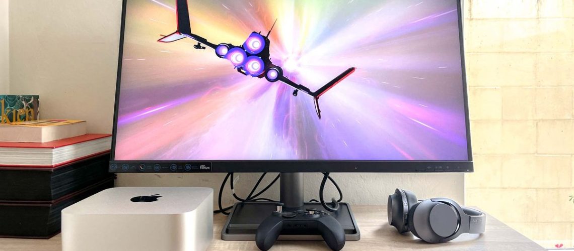 Apple Mac Studio M2 on desk, running No Man