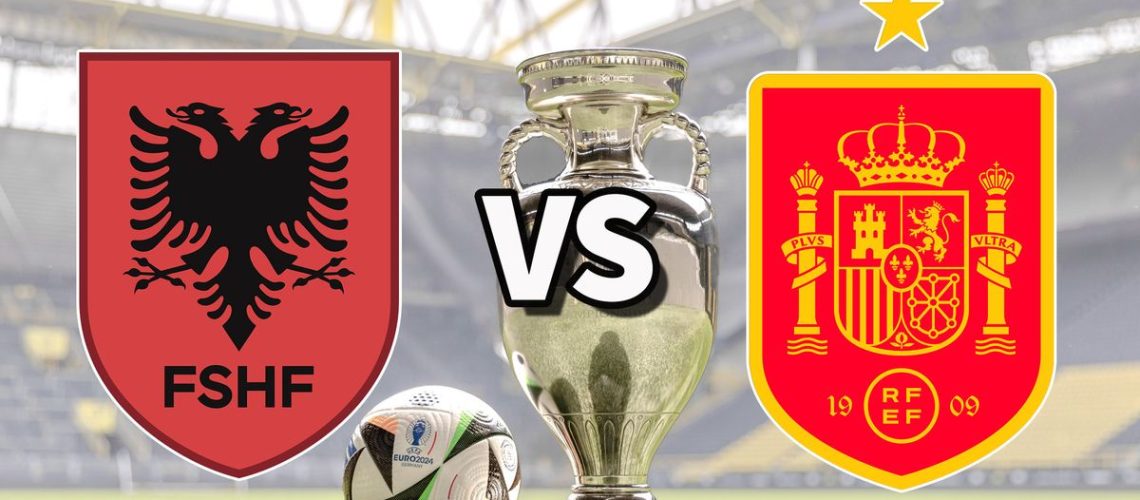 The Albania and Spain club badges on top of a photo of the Euro 2024 trophy and match ball