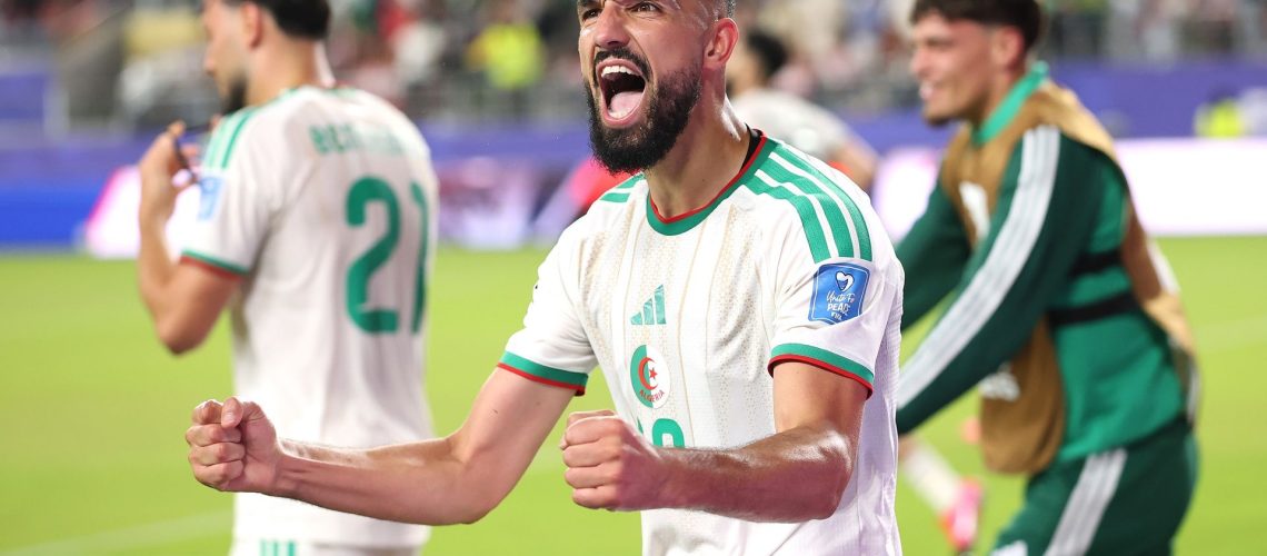 Nabil Bentaleb of Algeria celebrates after the team's second during the FIFA World Cup 2026 Group J match between Jordan and Algeria.