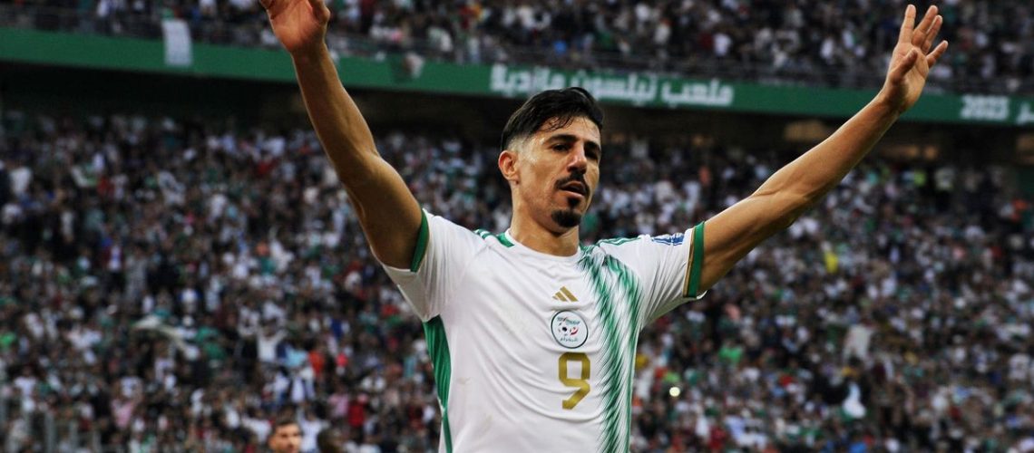 Baghdad Bounedjah (pictured) celebrates a goal ahead of the Algeria vs Angola live stream
