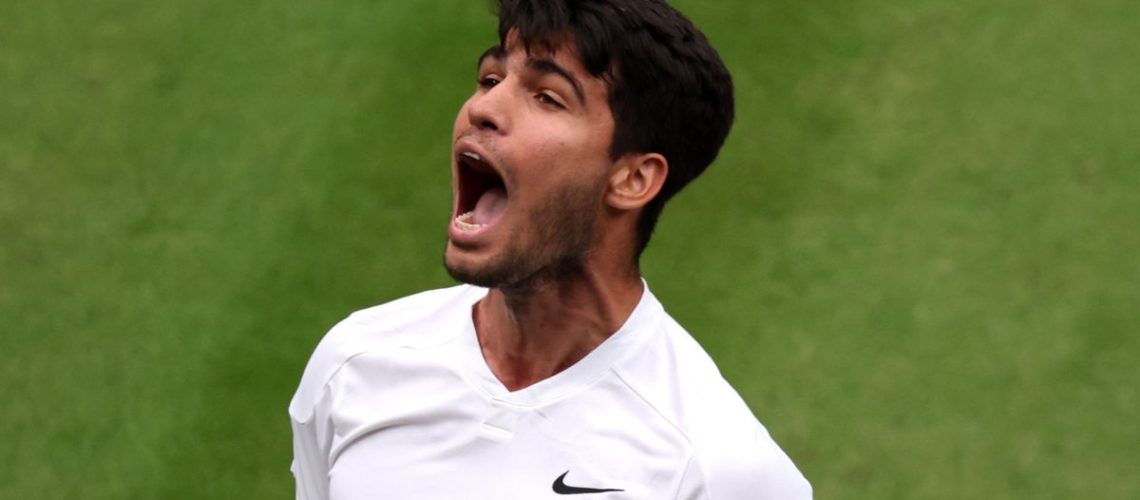 Carlos Alcaraz of Spain shouts out in celebration of reaching the Men