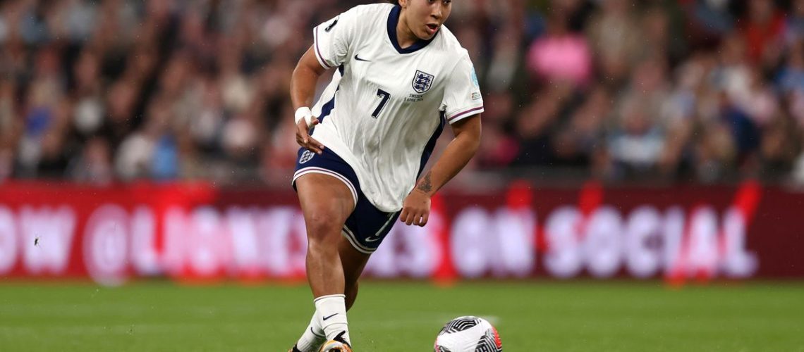 Lauren James dribbles the ball for England in the Euro 2025 qualifiers