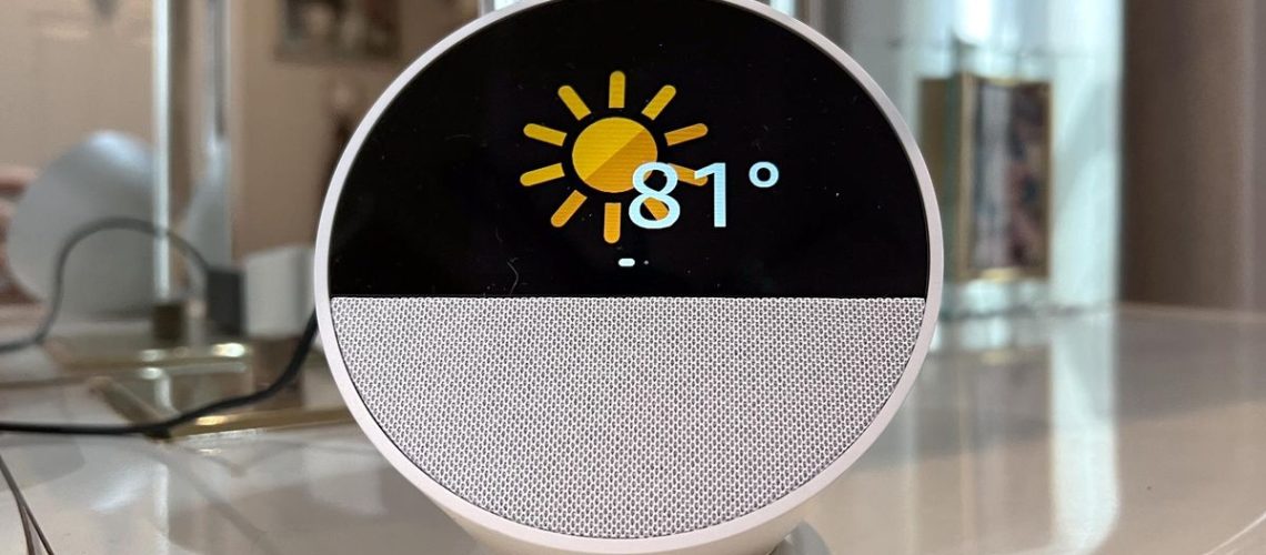 Echo Spot shows weather on nightstand