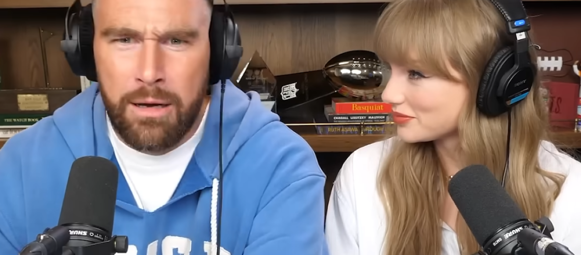 (L-R) Travis Kelce and Taylor Swift (wearing Sony MDR-7506 headphones) on an episode of "New Heights."
