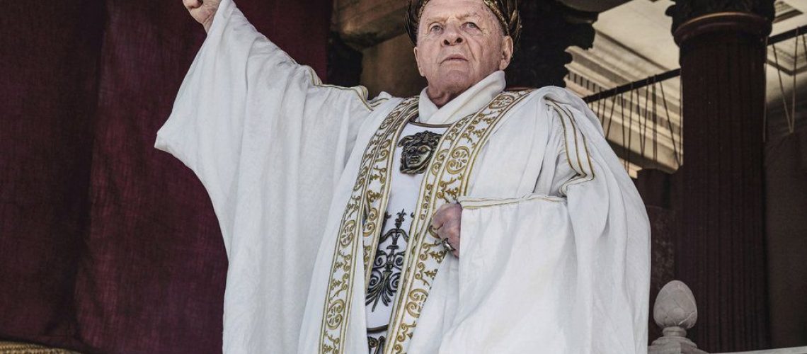 Anthony Hopkins wearing white robes as Vespasian in Peacock Original