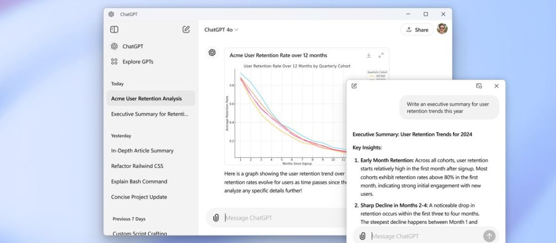 ChatGPT Windows app showing a graph and pop up window chat