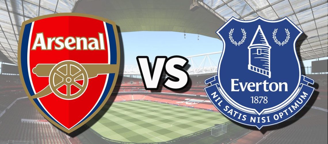 The Arsenal and Everton club badges on top of a photo of Emirates Stadium in London, England