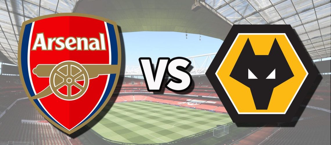 The Arsenal and Wolverhampton Wanderers club badges on top of a photo of Emirates Stadium in London, England