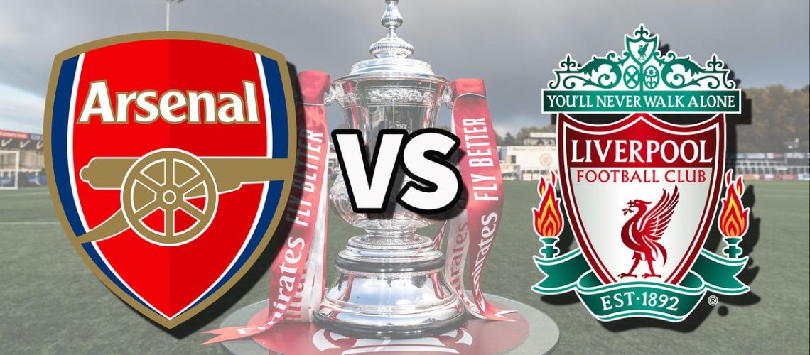 Arsenal and Liverpool football club logos over an image of the FA Cup Trophy