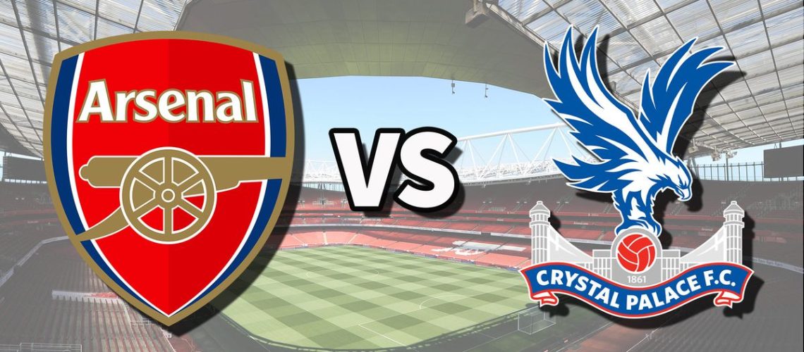 The Arsenal and Crystal Palace club badges on top of a photo of Emirates Stadium in London, England
