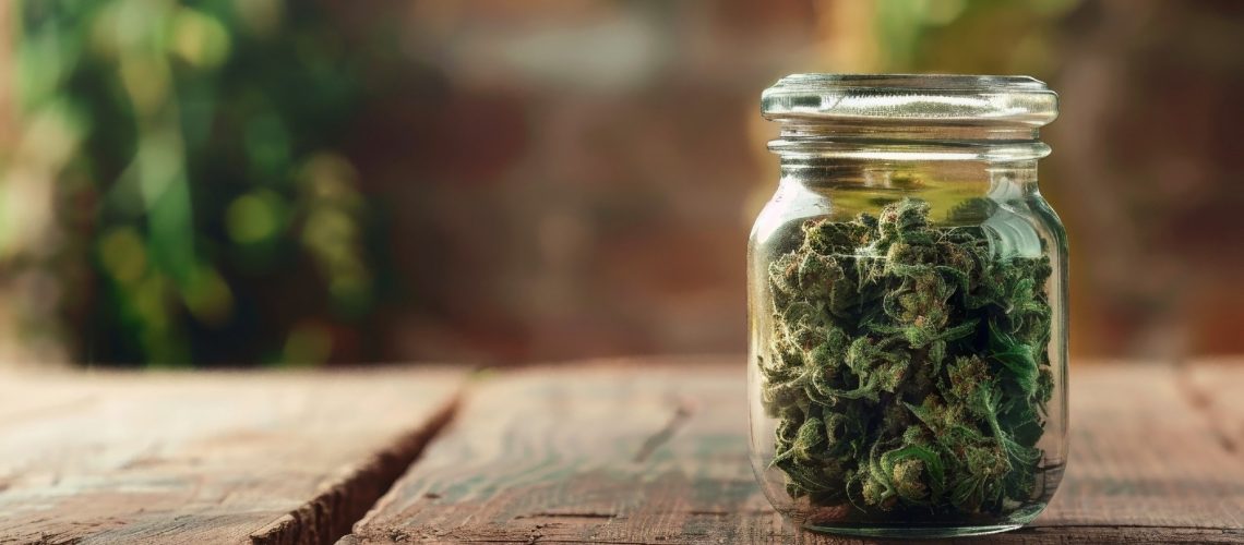 Medical cannabis buds in a glass jar.