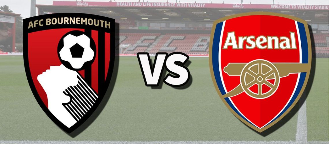 The AFC Bournemouth and Arsenal club badges on top of a photo of the Vitality Stadium in Bournemouth, England