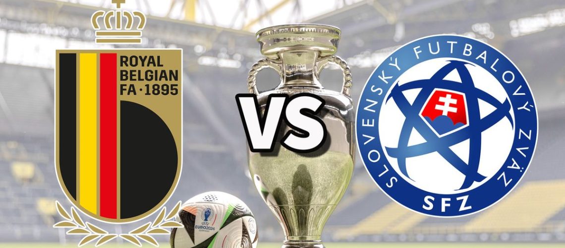 The Belgium and Slovakia club badges on top of a photo of the Euro 2024 trophy and match ball