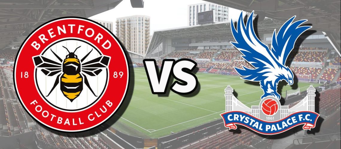 The Brentford and Crystal Palace club badges on top of a photo of Brentford Community Stadium in Brentford, England