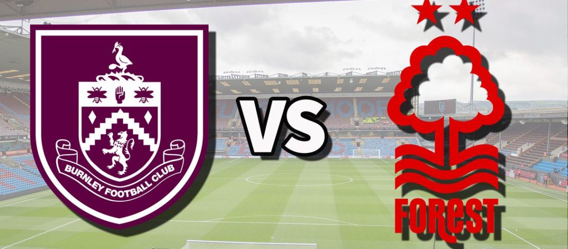 The Burnley and Nottingham Forest club badges on top of a photo of Turf Moor stadium in Burnley, England
