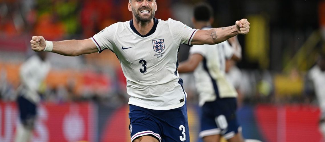 Luke Shaw celebrates an England goal at Euro 2024